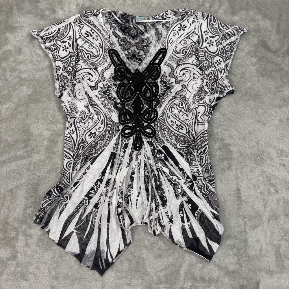 Unity World Wear Shirt Womens 3X Plus White‎ Black Paisley Asymmetrical Coquette